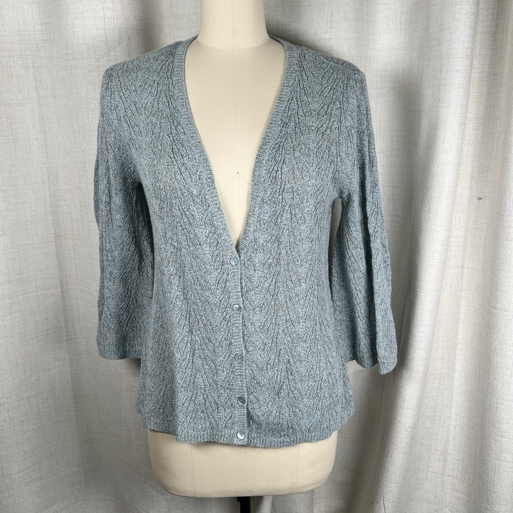 Eileen Fisher Alpaca Wool Silk Blend Knit Textured Cardigan Blue Grey Medium